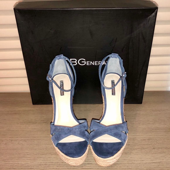 Sale! Blue Suede BCBGeneration Wedge Sandals - 9 - Picture 1 of 10